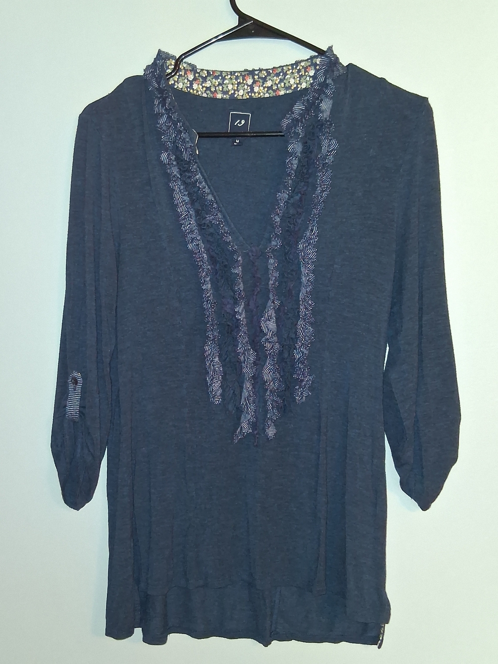 Women's Navy Ruffle V-Neck Knit Top - One September